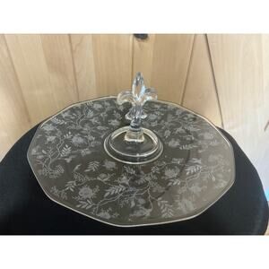 Vintage Fostoria Floral Chintz Crystal Fleur de Lis Center Handle Tray 11.5"